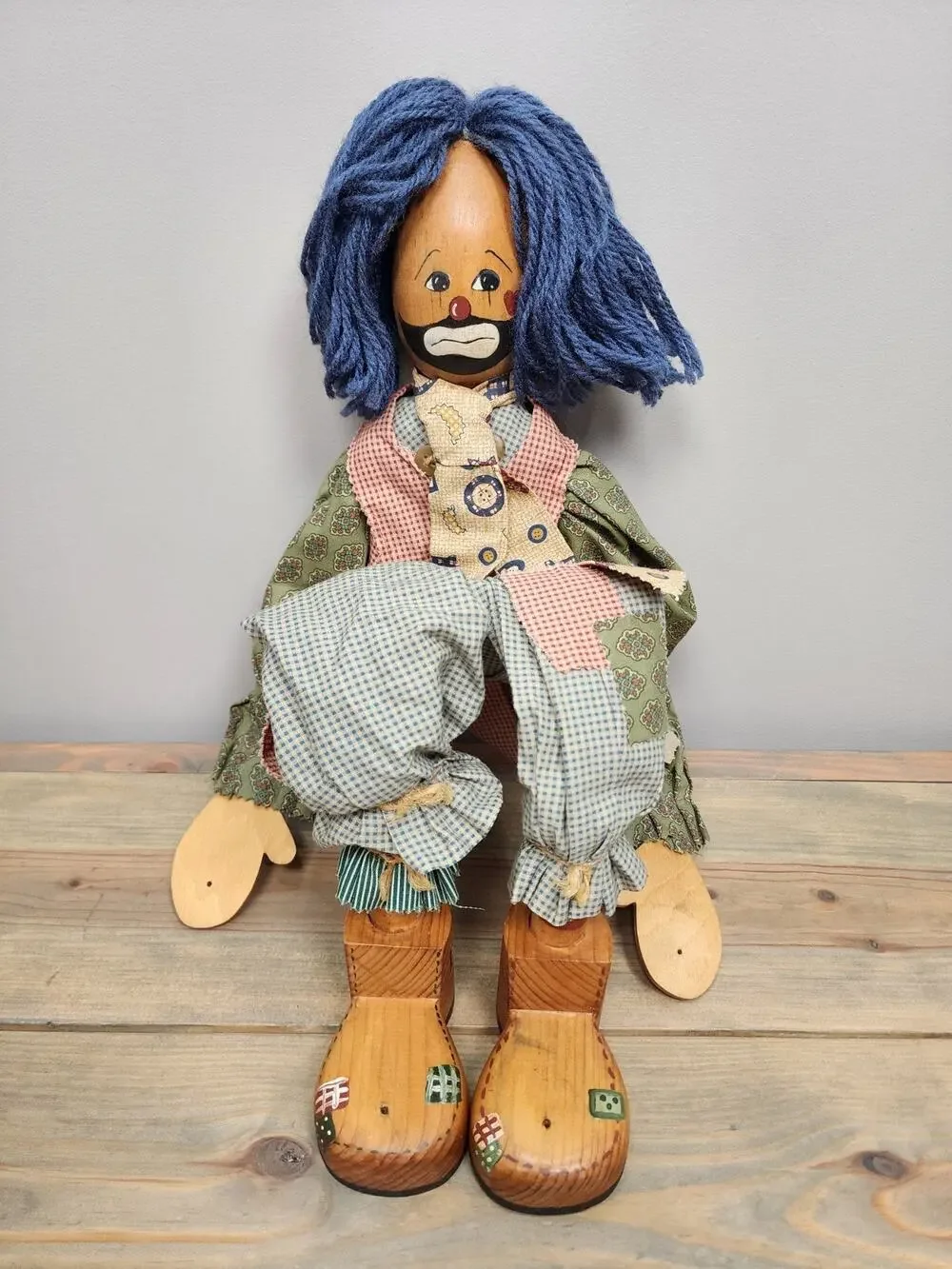 Vintage Handmade Clown Wood Shelf Sitter Yarn Hair Outfit 24